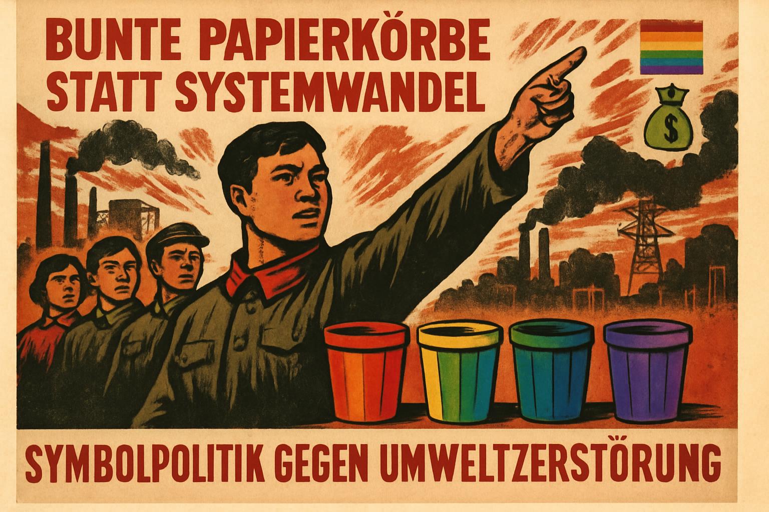 Bunte Papierkörbe statt Systemwandel: Symbolpolitik gegen Umweltzerstörung 🌈🗑️💸